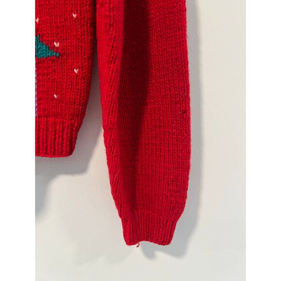Vintage Wool Ugly Christmas Sweater Hand Knit Tree and Gifts Red Green Medium JL - Picture 2 of 11